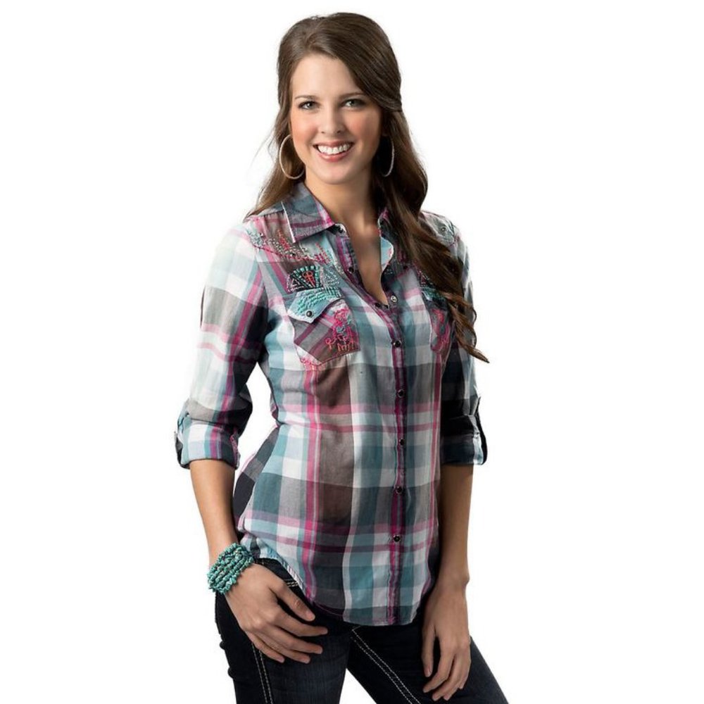 ROAR Plaid Rhinestone Embellished Totem Button Up